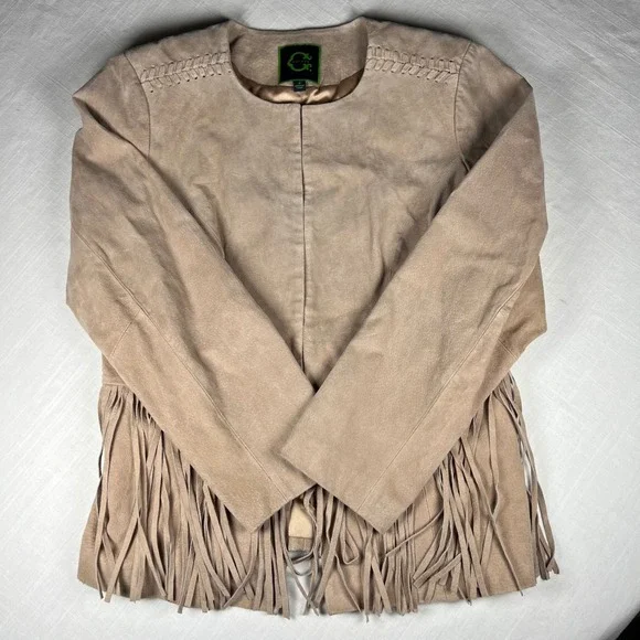 C. Wonder Suede Fringe Jacket Tan Bohemian Festival Boho Leather Blazer - Picture 3 of 12